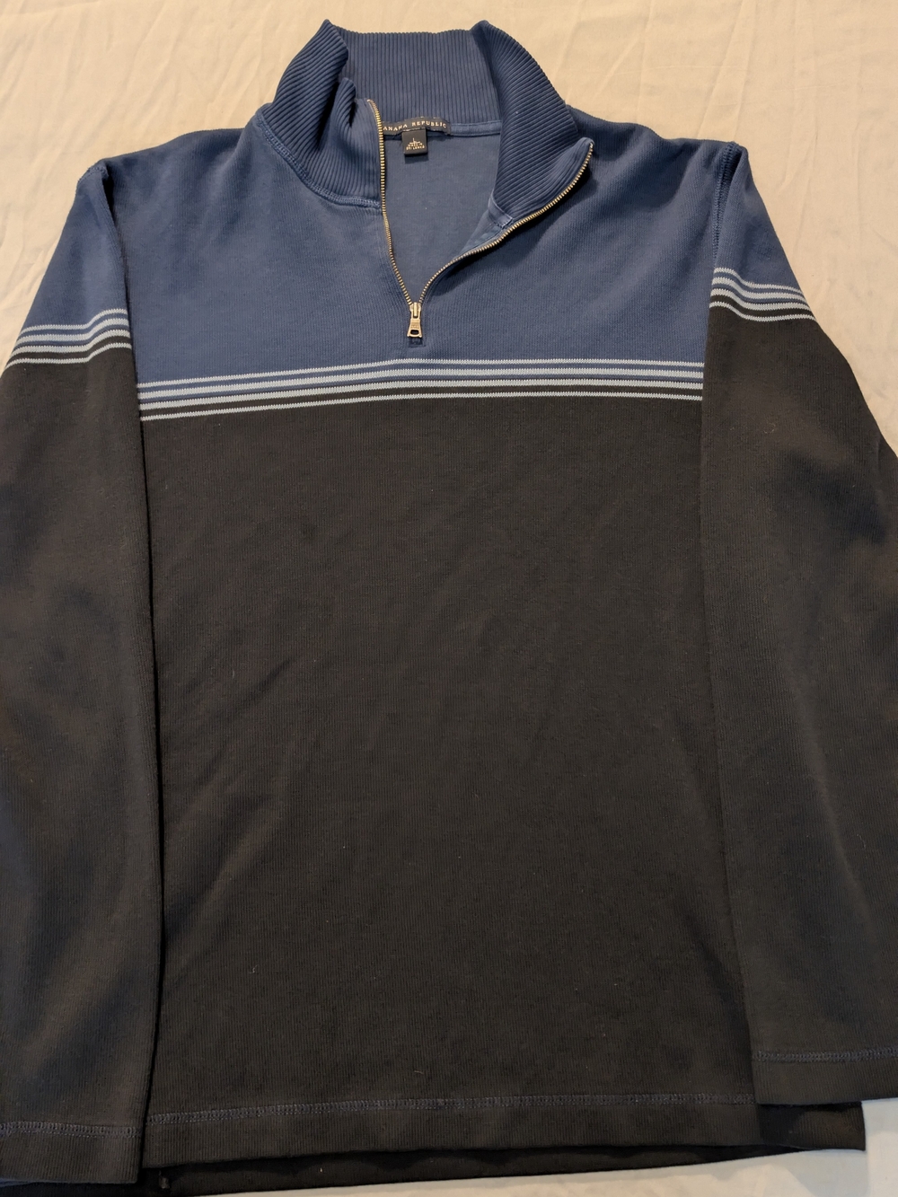 Banana Republic Navy and Black Zip-Front Sweater with Light Blue Stripe